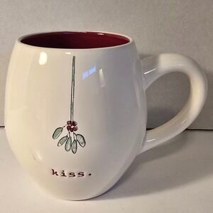 Rae Dunn Artisan Collection "Kiss" text Mistletoe‎ Mug Red Interior